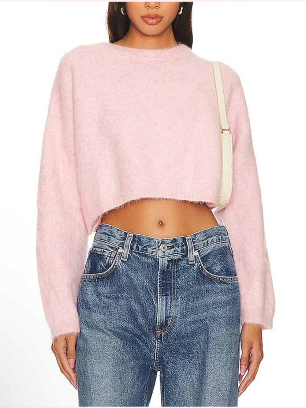Revolve Astr The Label Alpaca Blend Pink Fuzzy Cropped Crewneck Sweater Small